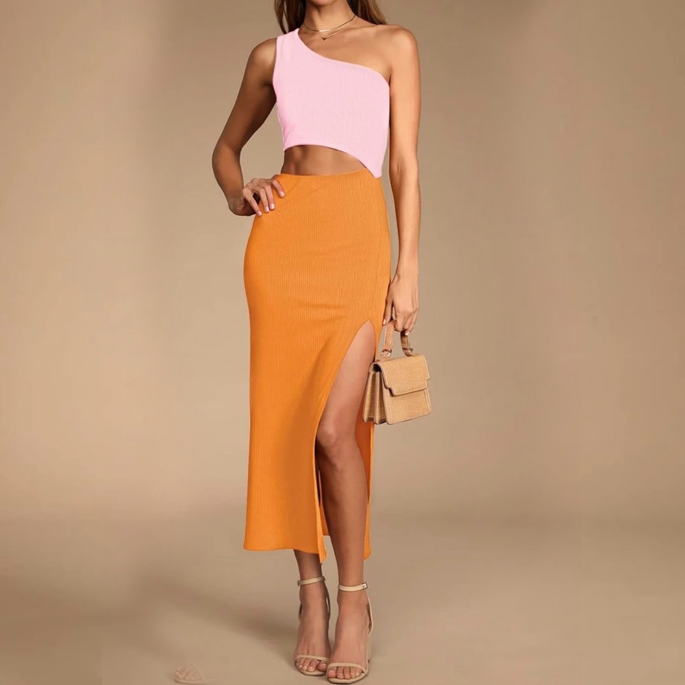 One Shoulder Summer Color Block Cutout Side Slit … - image 1